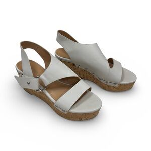 Marc Fisher Sandal Womens 7.5 White Rana Leather Cork Wedge Ankle Strap Platform